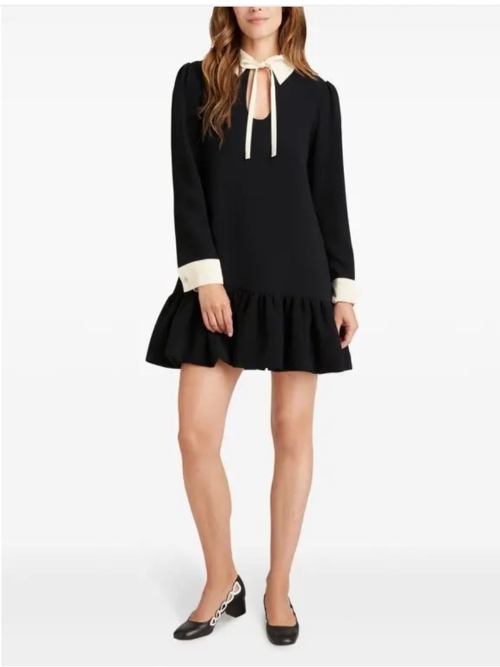 CINQ À SEPT
Cala Mini Dress Black Long-Sleeve Ruffle-Hem Cream Collar and Cuffs